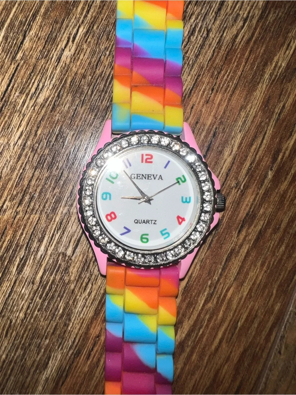 Geneva Multicolor Silicone Strap Watch with Pink Case and Crystal Bezel
